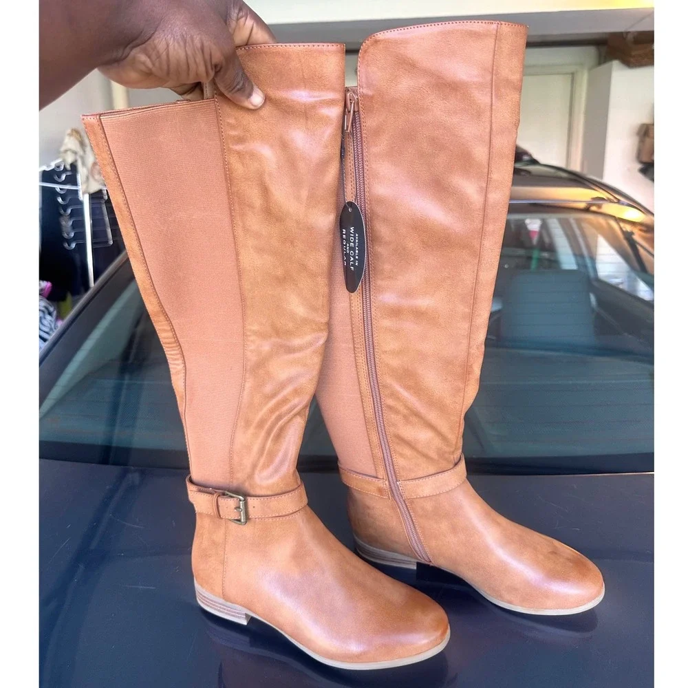 Style & Co Kimmball Wide Calf Faux Leather Over The Knee Boots Women's Sz 6M Tan